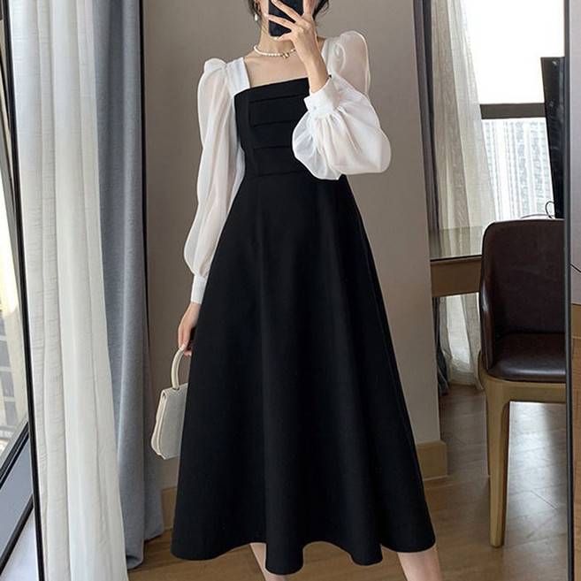 슬림소녀 여성 봄여름 스퀘어넥 어깨퍼프 롱 원피스 하객룩