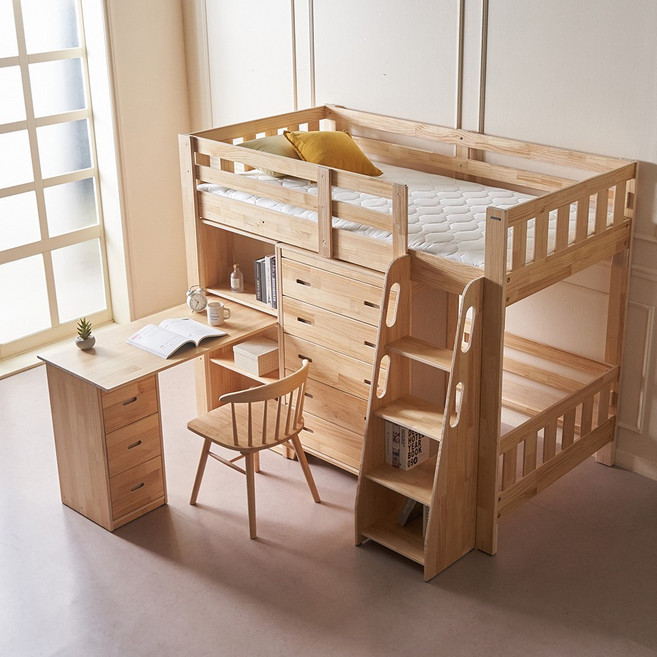 [에보니아] 플로 원목 벙커침대 싱글/슈퍼싱글 (책상 책장 서랍장 옵션선택), SS_메모리폼7T+책상세트+서랍장5단