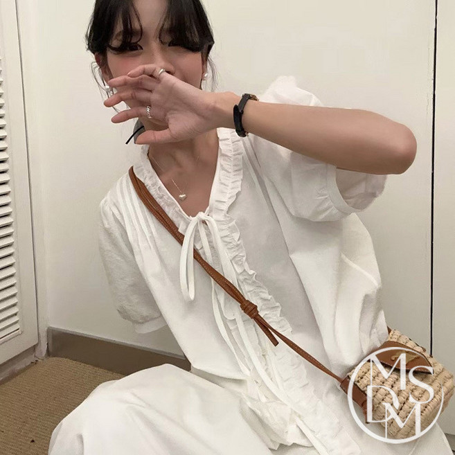 MDMS 荷葉邊蝴蝶結短袖上衣 韓系氣質木耳邊襯衫