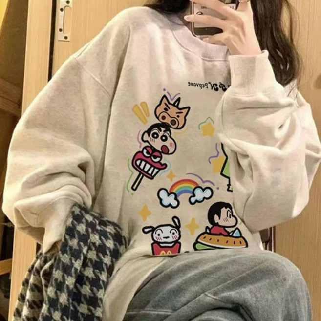 可愛蠟筆小新印花圓領衛衣女長袖上衣