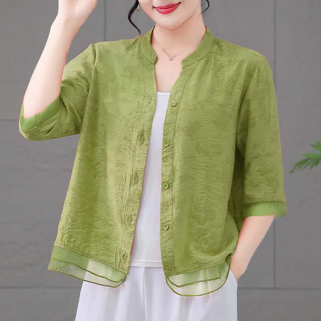 IWMAFT 여성 여름 반팔 아우터 블라우스 루즈핏 자카드 텍스처 버튼 디자인 데일리 착용 AS501