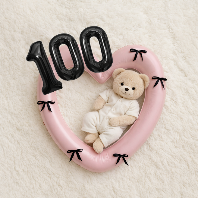 해피제이니 50일 100일 대형 하트풍선 완성리본 세트, 1세트, 핑크하트 숫자100