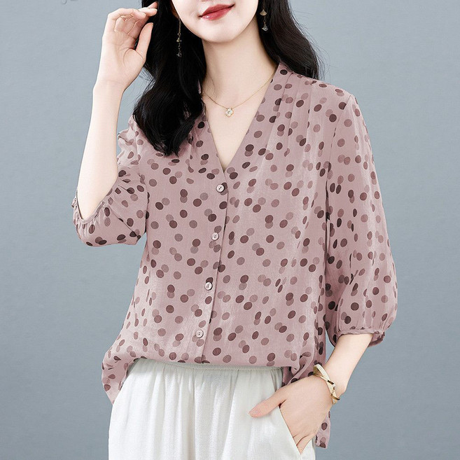 IWMAFT 여성 여름 쉬폰 도트 패턴 칠부소매 블라우스 루즈핏 브이넥 디자인 SQ552