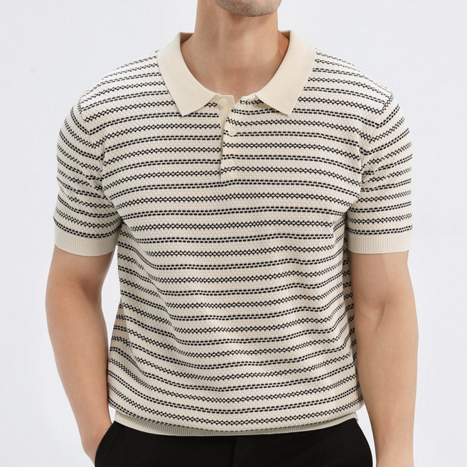 글리멜로 남자 여름 스트라이프 니트 카라 반팔 티셔츠