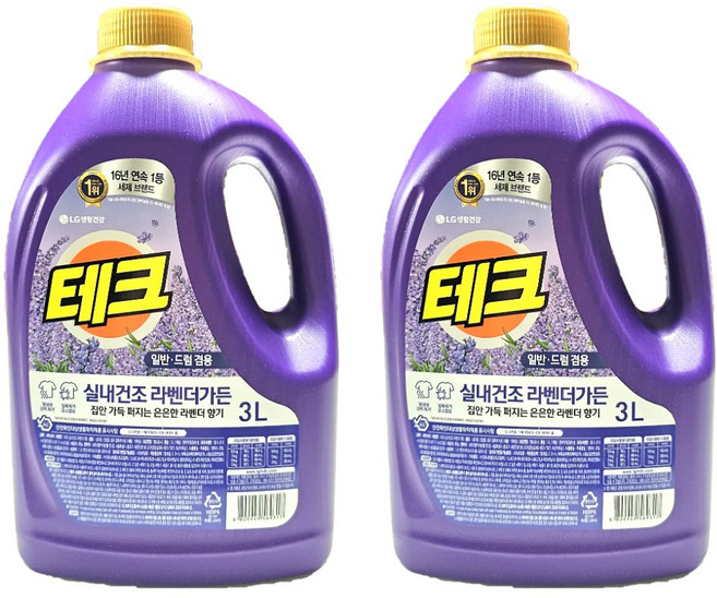 테크 실내건조 액체세제 일반드럼겸용 라벤더향, 2개, 3L