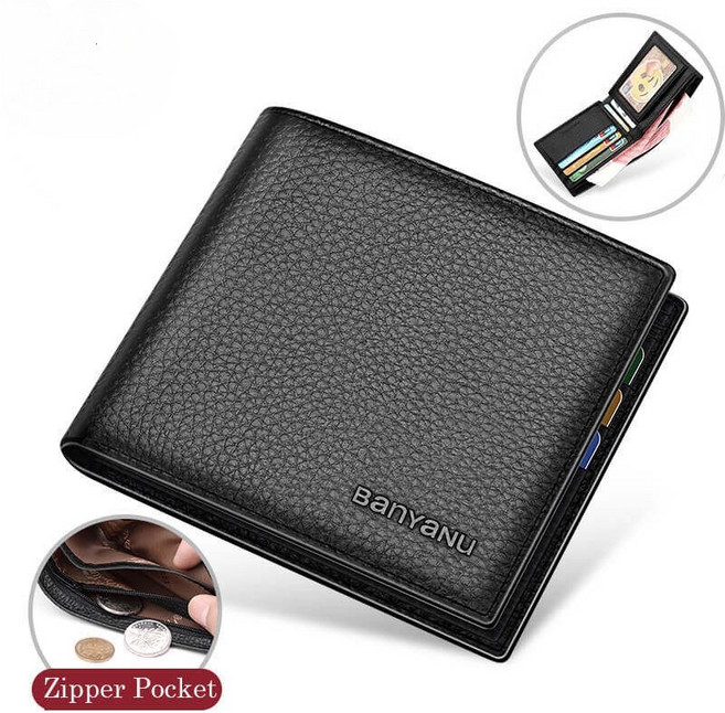 BANYANU 男士短夾 真皮防盜極簡短錢包