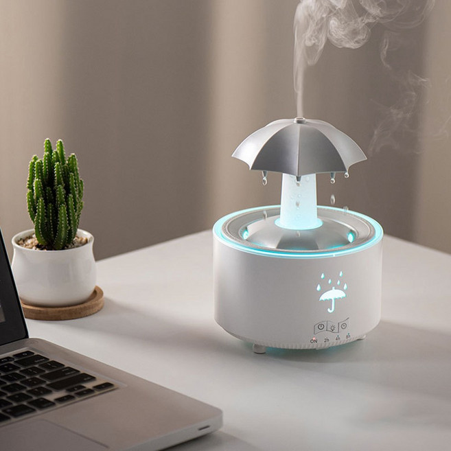 우산 빗소리 가습기 비내리는 무드등 지붕회전 7색변광, 화이트