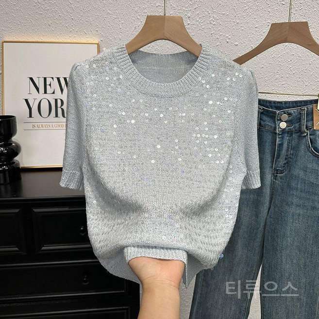 티류으스 여성 여름 니트 반팔티 반소매 니트셔츠 고급 핸드메이드 글리터 반짝이 상의 Z0407