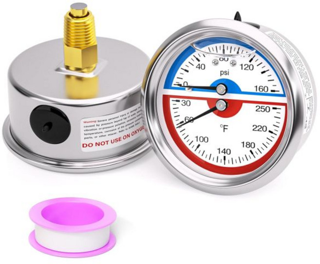 MEANLIN 측정 0-160Psi 스테인리스 스틸 열압력 게이지 30-250 ℉ 액체 충전 압력 게이지 14 NPT 2.5 페이스 다이얼 테프론 테이프 하단 마운트 포함, Back Mount, Liquid Filled