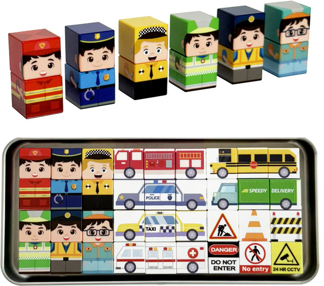 엘리트블럭스 (2026년) 최신상품 - 미니 자석블럭 큐브 히어로세트 "도로 위의 6명의 히어로세트" 휴대용/외출용/여행용 간편한 틴케이스, 1개, 멀티
