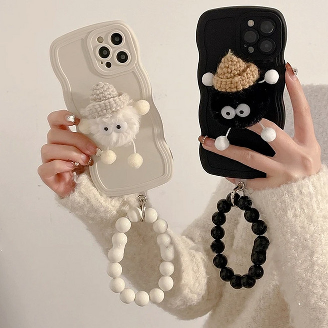 애플 아이폰 8 7 플러스 SE3 SE2 SE 모자 뽕뽕인형 웨이브 심플 구슬 스트랩 젤리 실리콘 휴대폰 케이스