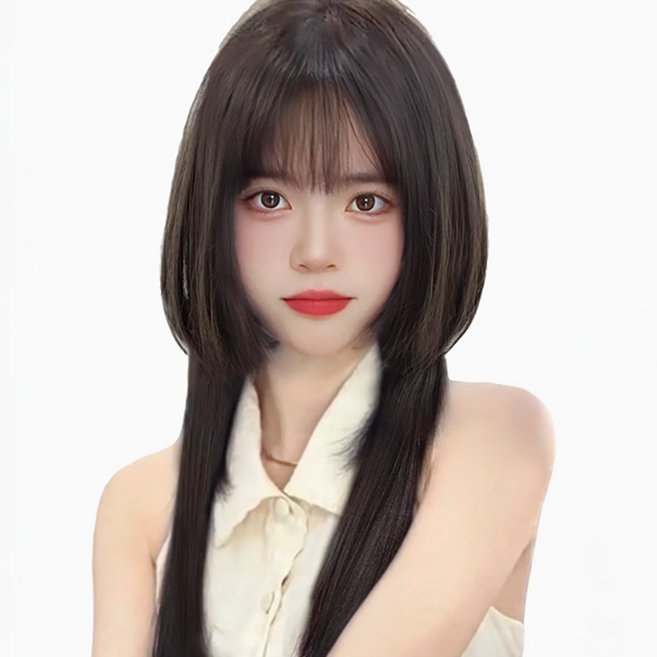 가발위드 긴머리 스트레이트 히메컷 시크 레이디 여성 통가발, 블랙브라운, 1개