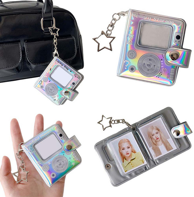 루베이 미니 포토앨범 키링 투명 보호 커버 스크래치 방지 버튼 보관 사진/카드/굿즈, 자주색, 16매