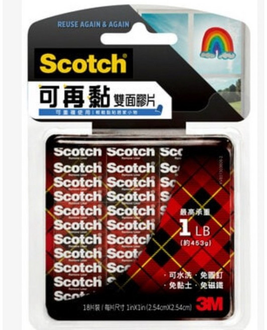 3M Scotch 可再黏雙面膠片 R100S 1 in x 1 in 18片裝, 1個