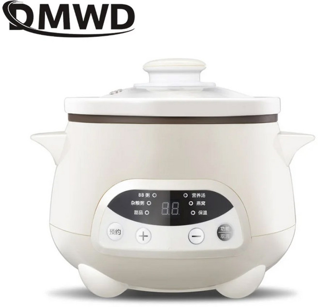 DMWD 가정용 전기 스튜 2L 수프 미니 슬로우 쿠커 주전자 흰색 라이너 아침 식사 기계, 1개