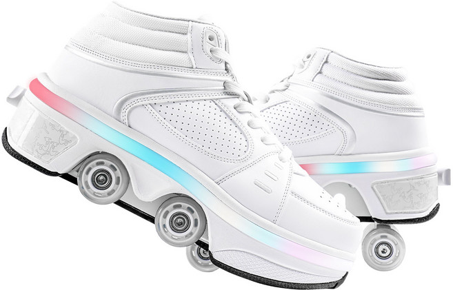 Pairduck남녀공용 접이식 롤러스케이트 인라인스케이트 LED 컬러 조명 포함 쿼드 스케이트, 1개, 흰색 하이탑 LED 07