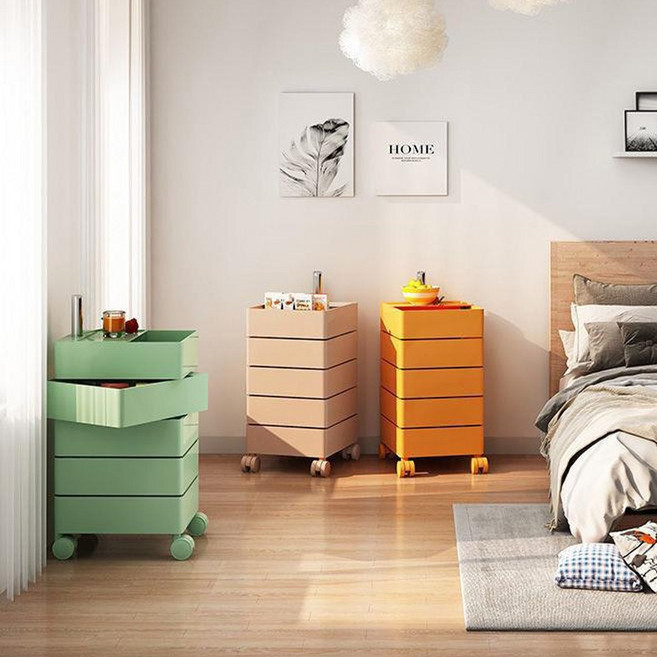 미드센츄리 이동식 수납형 모듈 트롤리 5단 304 스테인레스 고급형 회전서랍 수납장, 머스타드 5단 모듈트롤리