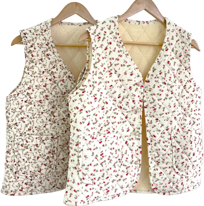 원티어 꽃무늬 김장조끼 촌캉스 누빔 조끼 양털 할머니 조끼 1+1 2개