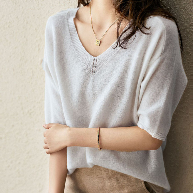 여성 여름 봄 가을 브이넥 반팔 반소매 루즈핏 오버핏 니트 티셔츠 브이넥반팔루즈니트