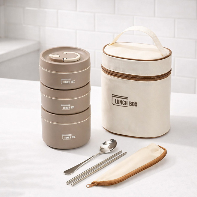 ROYAI ONE 304스텐 도시락통 전자레인지 도시락, 1세트, 카키 3단