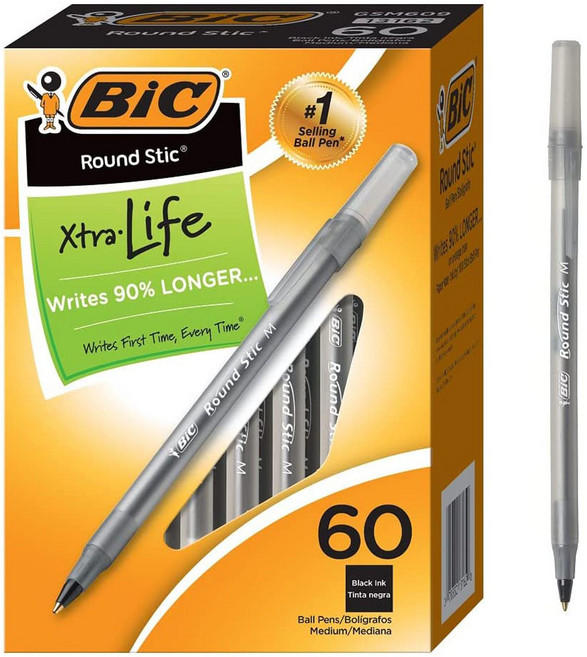 BIC 라운드 스틱 엑스트라 라이프 포인트 1.0 mm 볼펜 블랙 60개세트, 60개