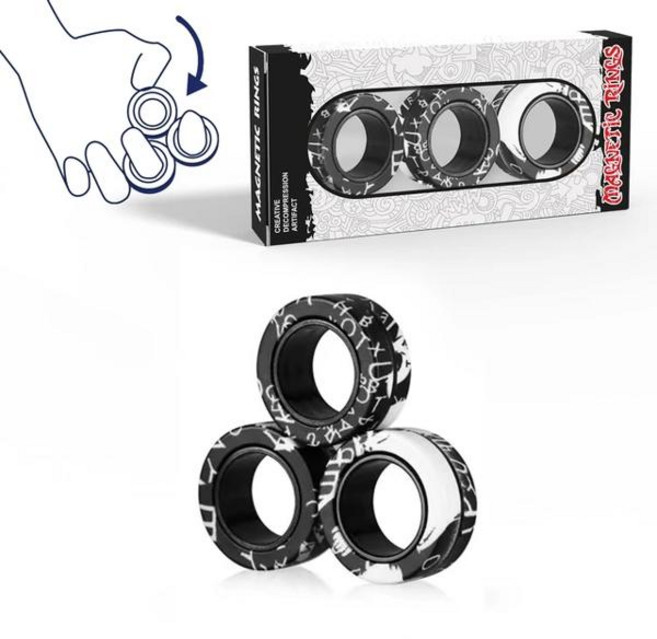 GEEKI 스피너 피젯 손 장난감 토이 키덜트 핸드 핑거 스트레스 완화 해소 마그네틱 링 손가락 자석 마법 성인 불안 3 개, [07] 3PCS black graffiti