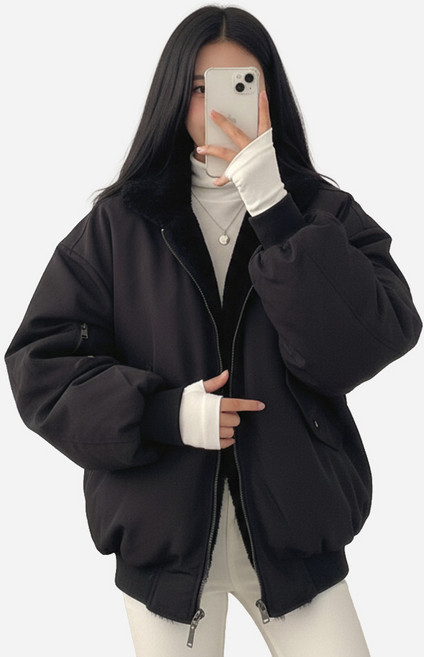 리바앤코 여성 리버시블 양면 점퍼 뽀글이 후리스 후드 양면 털자켓