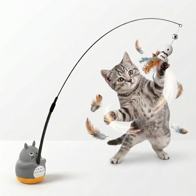 펫티트 고양이 자동 회전 낚시대 장난감 깃털 흔들림 유도, 1개, 베이지