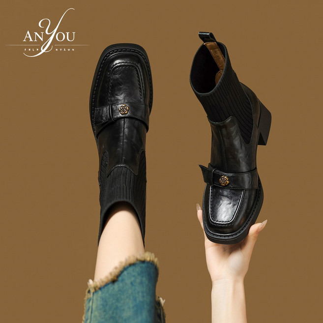 ANYOU 여성 삭스 부츠 스판 니트 로퍼 여성 앵글부츠 가죽부츠 4.5cm