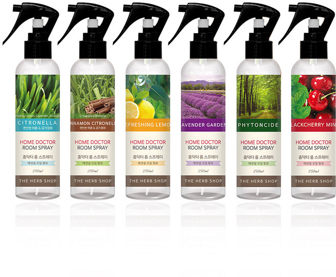 국내제조 더허브샵 천연 홈닥터 룸 스프레이 250ml 공간 향기 환기 탈취 냄새제거 무해 천연오일 에센셜 6가지 실내 자동차 방향제 안전한 성분, 블랙체리 민트, 1개