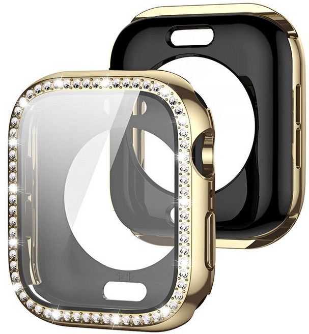 Rabbit Technology 全包電鍍 防撞保護 適用Apple Watch錶殼, 香檳金單排鑽全包殼,42mm（S11/S10）通用, 1個