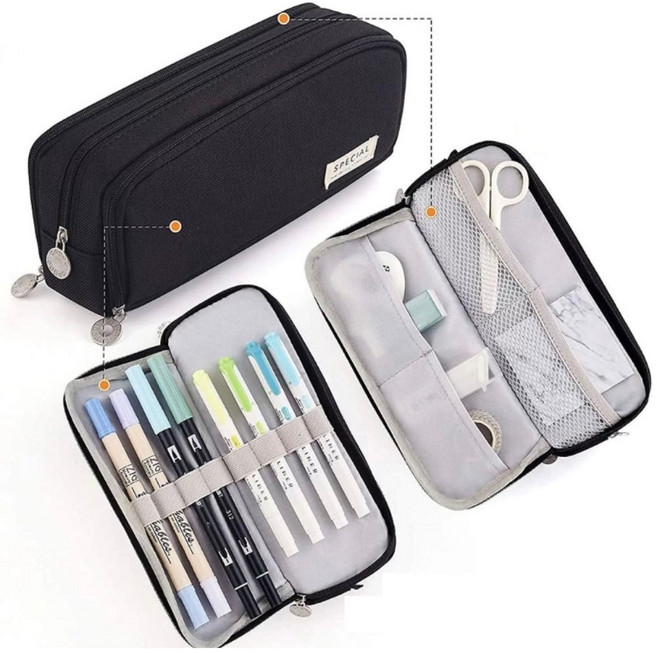 HB문화사 마카롱 더블 윈도우 캠퍼스 패브릭 대용량 필통 수납파우치, 블랙(BLACK), 1개