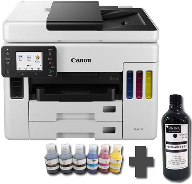 캐논 GX7192 팩스 복합기 정품 무한 잉크 GX7090 GX7091 GX7092 동급 호환잉크 특대용량검정1개(최대 35000장 인쇄)포함 스캔 복사 가정용 사무용 프린터, gx7192기본정품+대용량검정1개