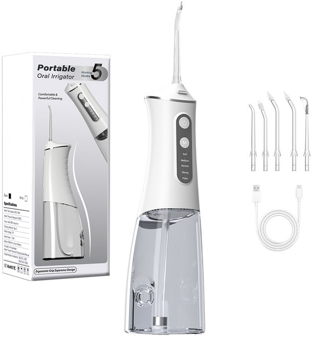 IPX7 방수 휴대용 구강세정기 미니 워터픽 물치실 여행용, 화이트, T-KORCYQ