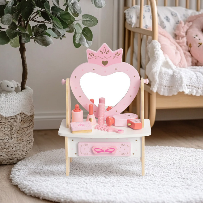 WoodenFun 어린이 원목 핑크 화장대 세트 소꿉놀이 접이식 공주 테이블 화장대 7pcs 1세트, 하트 모양 거울