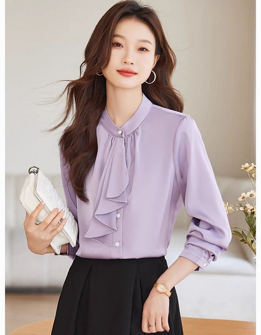 봄 가을 여자 긴팔 블라우스 프렌치 통근 리본 쉬폰 블라우스 중장년 여성 긴팔 쉬폰 상의 YSQ