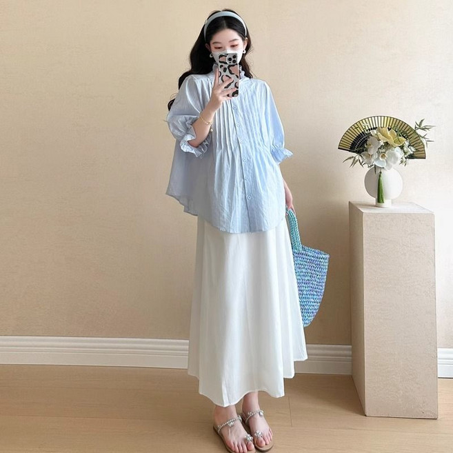 임산부 여름 캐주얼 세트 편안한 롱 스커트 셔츠 세트 봄 여름용 와이드 소매 여성 레이어드 룩 JS