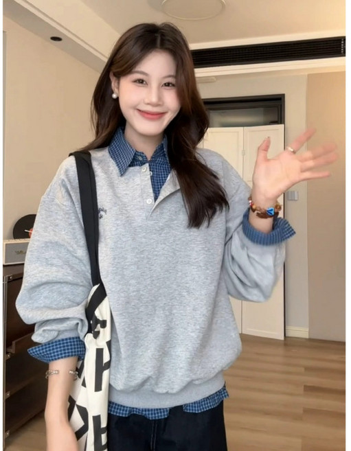 ANYOU 스타일리쉬한 가짜 투피스 패치 셔츠 넥 그레이 맨투맨 여성 루즈핏 긴팔 상의