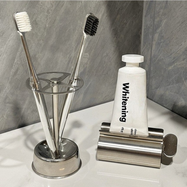 라워스 호텔감성 미니멀 스텐 칫솔거치대, 1세트, 실버