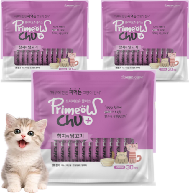 프리미요츄 플러스 고양이 짜먹는간식 대용량 30P, 3개, 300g, 참치+닭고기맛