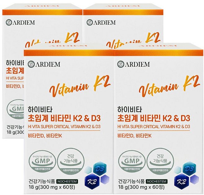 아르디엠 하이비타 초임계 비타민 K2&D3 메나퀴논 MK7 300mg, 4개, 60정