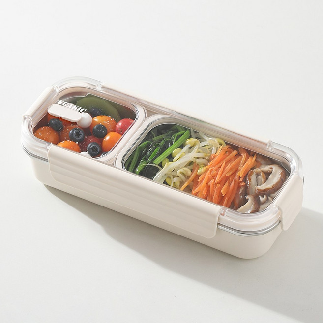 전자렌지 직장인 도시락통 칸칸이 스텐 밀폐용기 소풍 반찬통 런치박스, 740ml2칸 아이보리, 1개