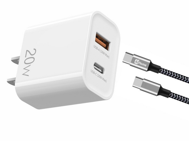 AiHome 20W 雙孔充電器與 60W 編織傳輸線套裝, 1套, PD-20W雙孔快充線組 USB A+TYPE C充電頭+C TO C充電線