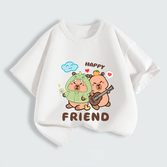 FONOW 순면 100% 키즈 티셔츠 귀여운 카피발라 패턴 아동복 편안하고 통기성 좋은 여름 캐주얼 라운드 반팔티 장난스러운 아보카도와 흰 구름 프린트 디자인 가족티