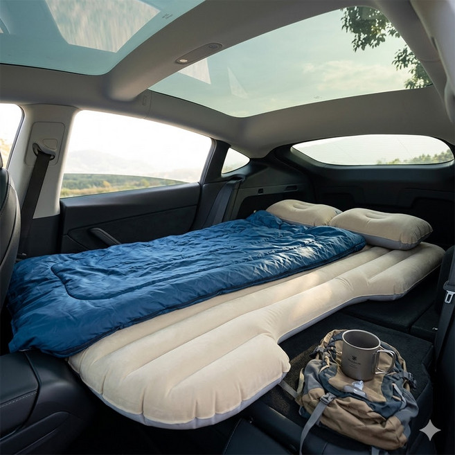 AnbelStyle 공기 주입식 에어 매트리스 침대 자동차 매트리스 양면 플로킹 여행 캠핑 침대 범용 SUV용 Tesla Y에 적용, Khaki, SUV