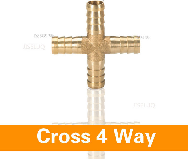 티T 3 방향 황동 파이프 피팅 커넥터 어댑터 4mm 5mm 6mm 8mm 10mm 호스 바브, Cross 4 Way, Cross 4 Way+4mm