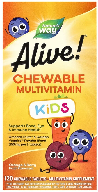 네이처스웨이 Alive 어린이용 츄어블 종합비타민 오렌지 & 베리 과일 맛 츄어블 120정, 1병 - 쿠팡