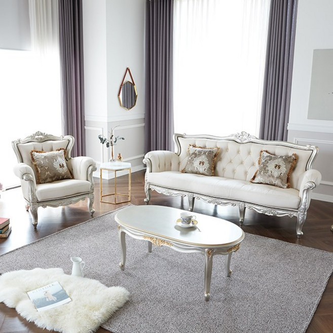 피어젠 퀸 프렌치 엔틱 1인용 3인용 세트 소가죽 소파 샴페인골드( 1인용 +3인용 + 소파탁자), 샴페인골드