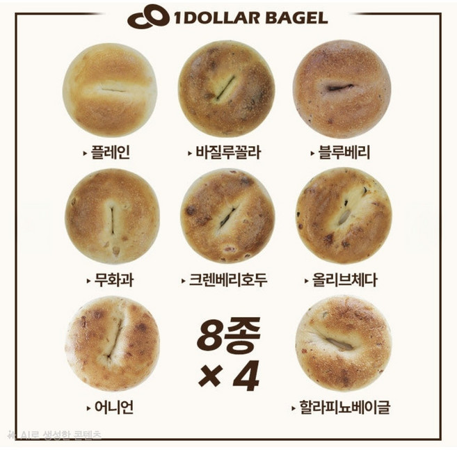 1달러 수제화덕베이글 총 32개 8종류 4개씩 플레인 크랜베리호두 블루베리 무화과 등 Big셋트, 120g