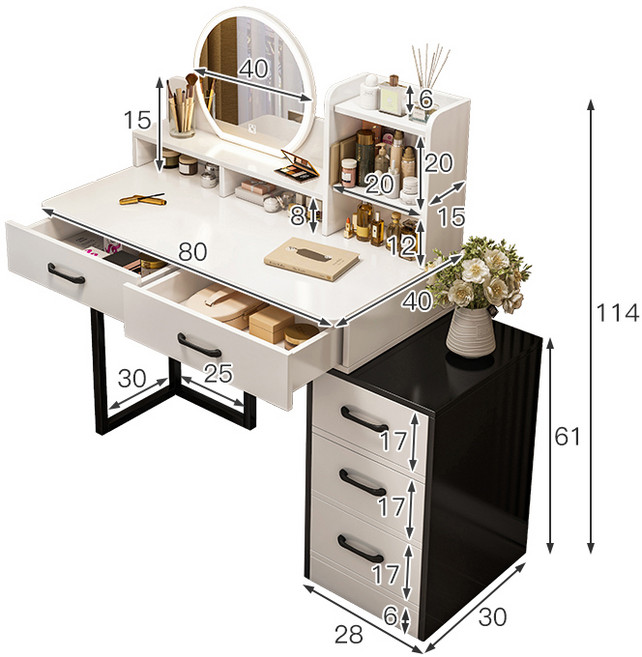 LED燈化妝鏡多層收納化妝台，簡約時尚臥室梳妝桌, 白色